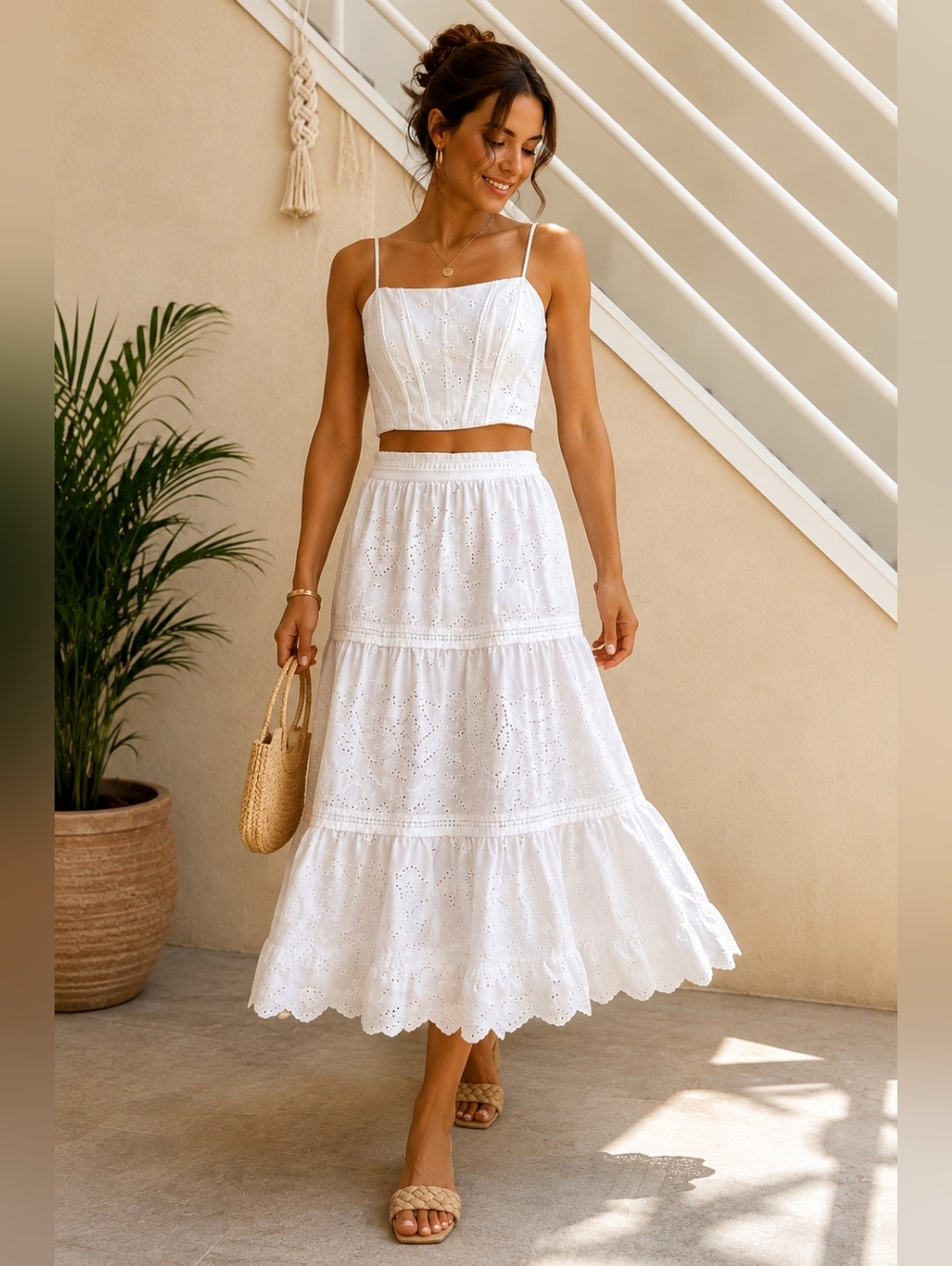 NWT Jason Wu Eyelet 2 Pc Set Tiered Ruffled Midi Skirt & Corset Crop Top White M